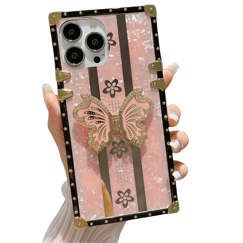 Diamond inlaid Phone Case For iPhone 15 Pro Max 13 12 11 XR 14 Puls Hard Acrylic Large Border Butterfly Bracket Cases