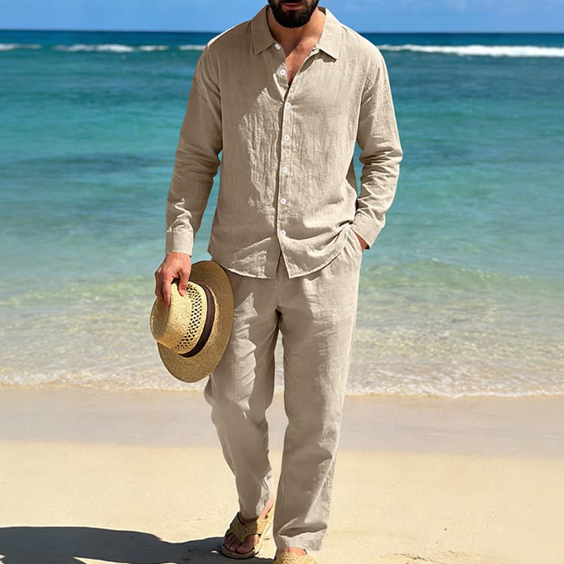 Men's Casual Long Sleeve Shirt And Straight Leg Pants Set Relaxed Fit Spring Fall Outfit