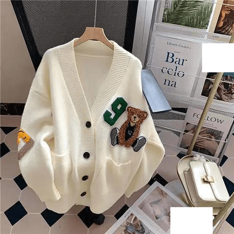 Women's Clothing cartoon bear sweater jacket for women autumn and winter new loose college style versatile age reducing knitted cardigan