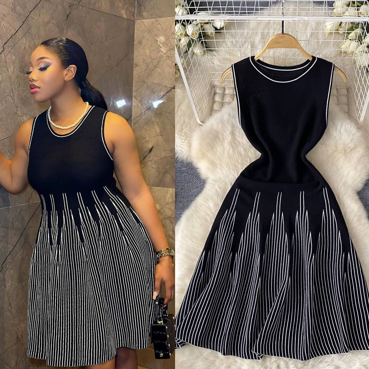 Women's Clothing Simple Sleeveless Round Neck Striped Knitted Dress Female Summer Waist Design Niche Fairy Mid Length Skirt
