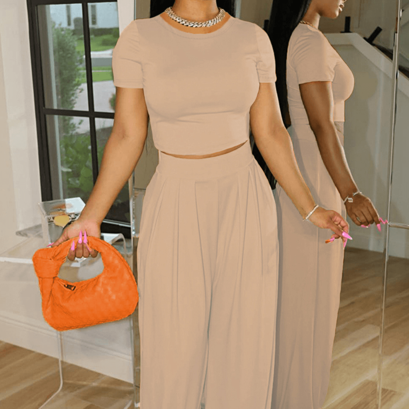 Women's Fashion Pocket Loose Short Sleeve T-shirt Trousers Wide Leg Pants Suit Two-piece Set