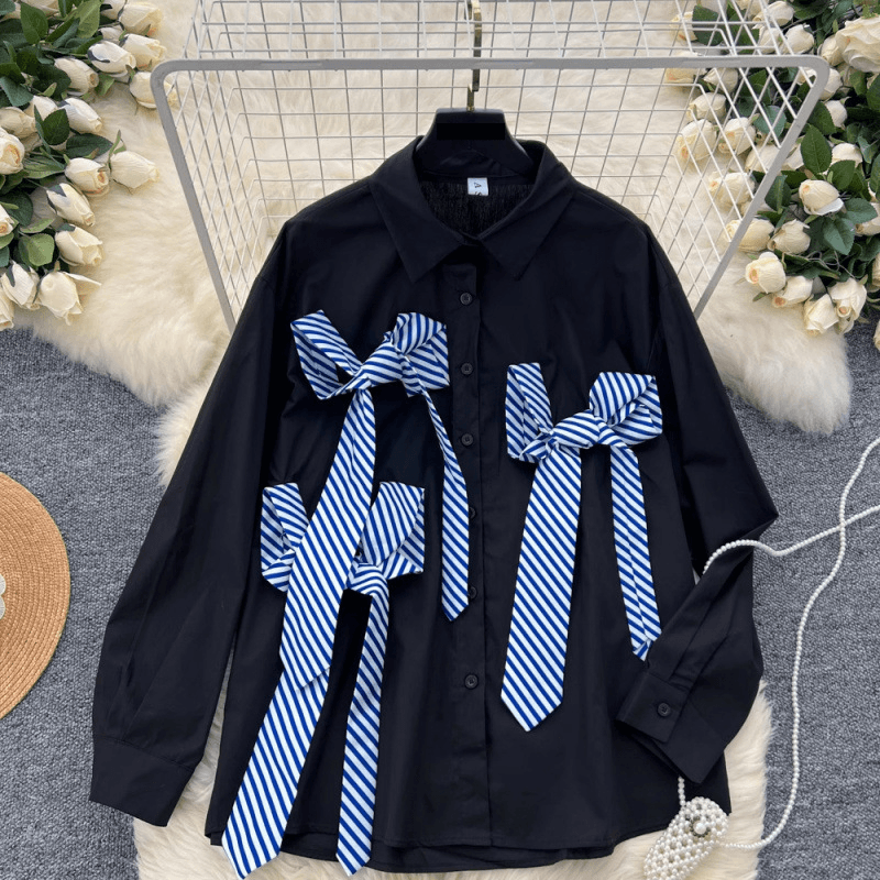 Women's Clothing Light Luxury Simple High Grade Striped Shirt Women's Autumn Loose Irregular Tie Design Unique Temperament Top Trend