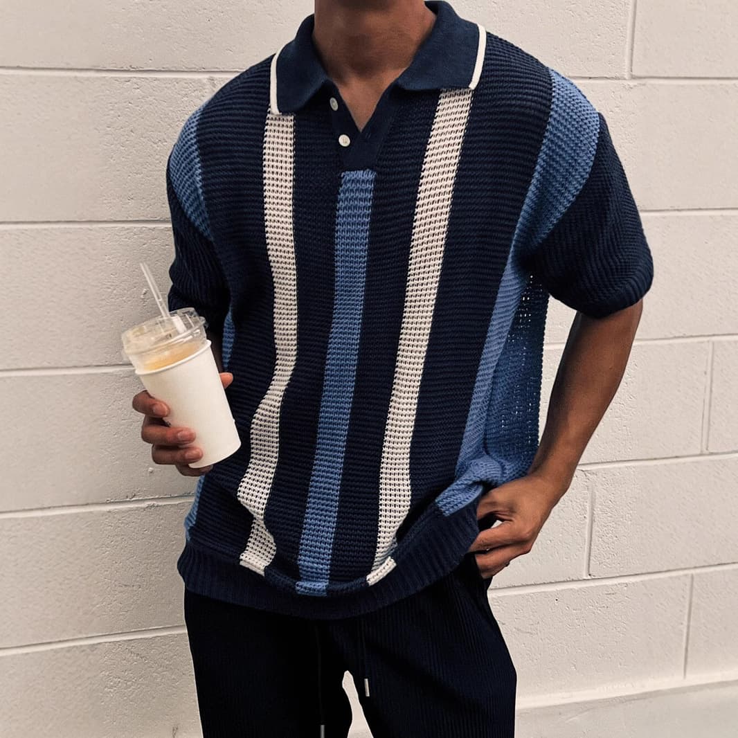 Men's Clothing Summer Breathable Hollow Vertical Stripes Color Matching Knitted Polo Shirt Version Of Light Mature New Design Lapel Short Sleeve Men