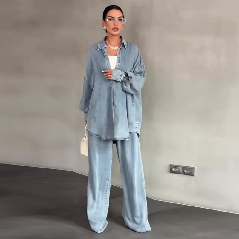 Long Sleeve Cardigan & High-Slit Denim Pants Set – Stretch Polyester Casual Outfit (Light Blue/Gray)