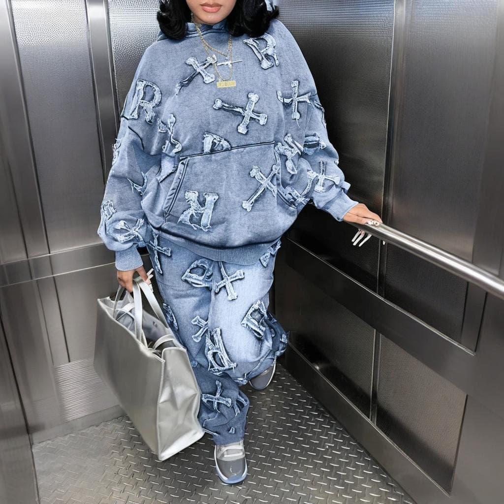 Women's Printed Pocket Hoodie & Pants Set - Long Sleeve Two-Piece Outfit​