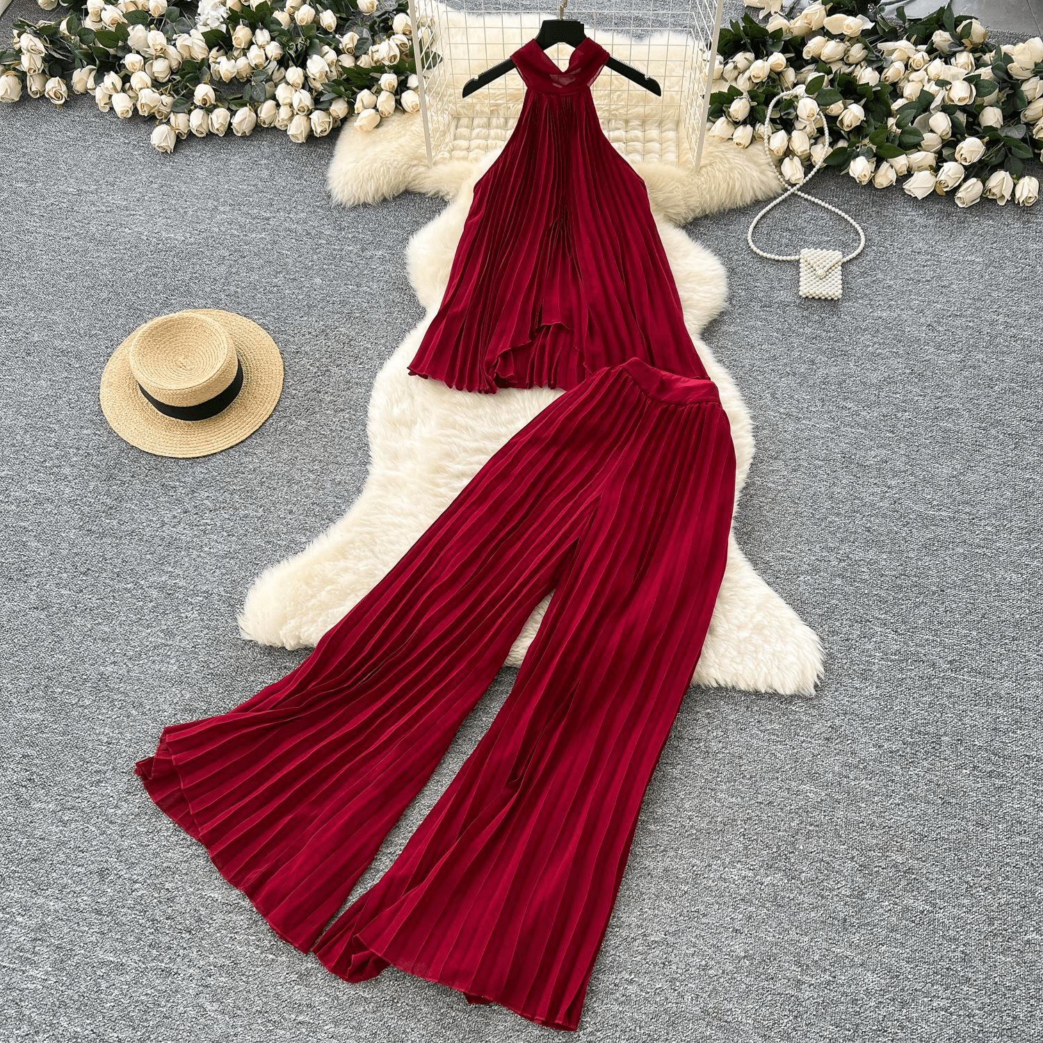 Ensemble de vacances élégant pour femme : haut asymétrique drapé dos nu et pantalon large taille haute – Couleur unie, polyester infroissable