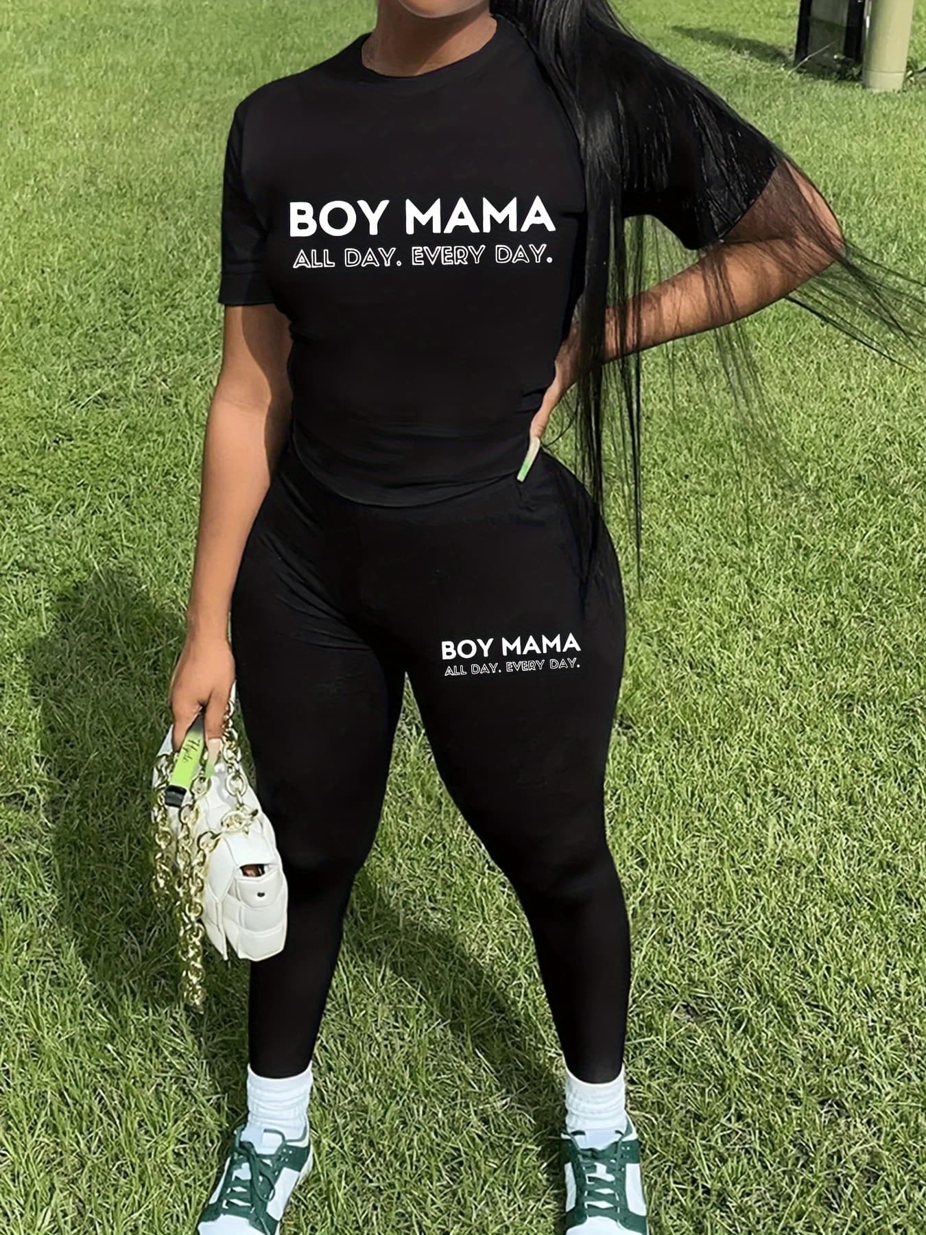 Women's Casual Loose And Fashionable Boy Mama Letter Pattern Printed Loose T-shirt+cropped Pants Two-piece Set Summer Home Sportswear Daily Wear-471
