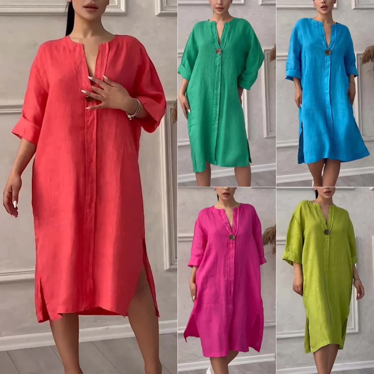 Women's Clothing New Cotton And Linen Pure Color Casual Round Neck Button Long Dress
