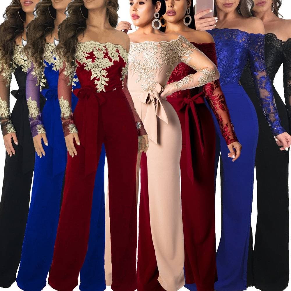 Women's Clothing Casual Women's Water Soluble Lace One Shoulder Wide Leg Jumpsuit 7 Colors
