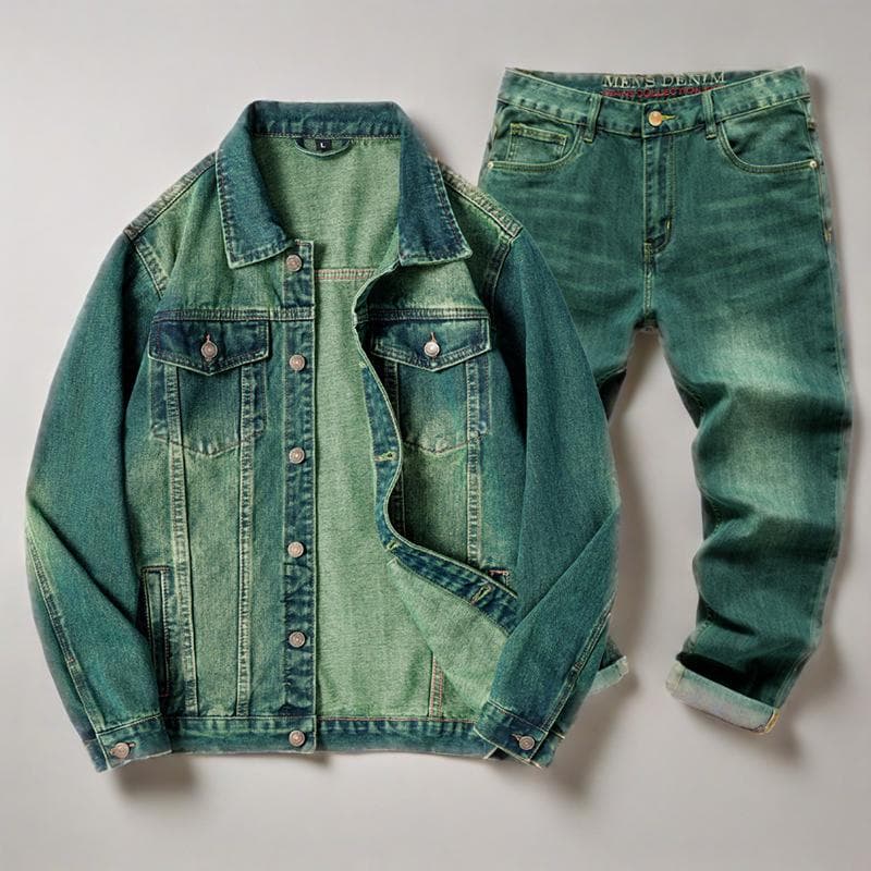 Veste en jean classique pour homme – Coupe ajustée, décontractée, avec plusieurs poches, tissu en coton résistant et coupe-vent (vert, tailles M à 5XL)