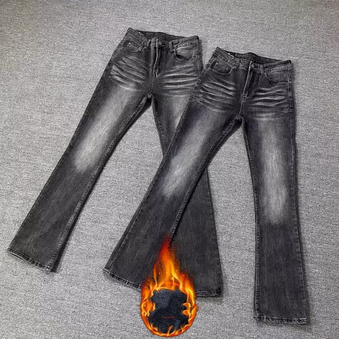 ​​Men's High Street Black Grey Washed Slim Fit Straight Retro Flared Jeans With Fleece Lining For Winter Fashion​​