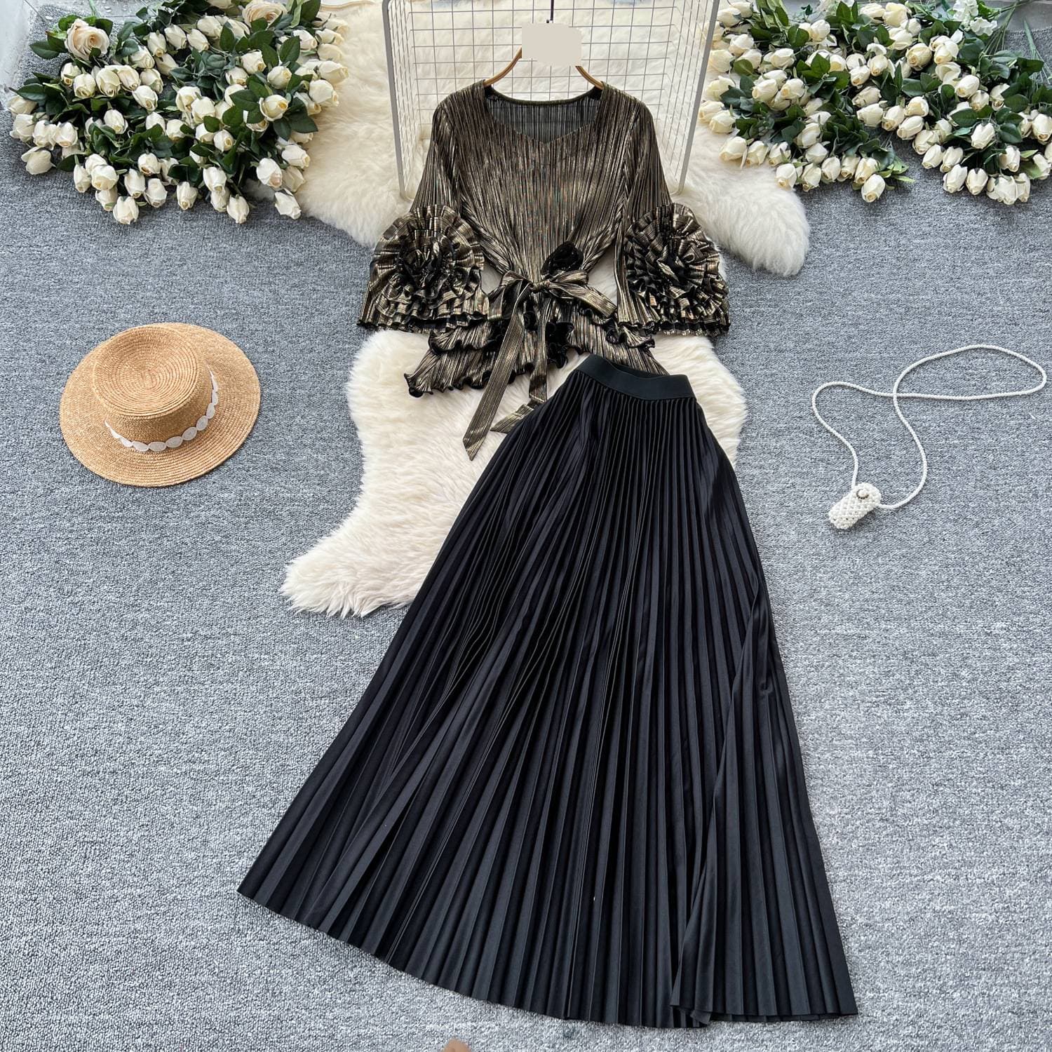 "Elegant Tie-Waist Floral Pleated Top & High-Waist Skirt Set – Chic European & American Style Outfit For Women"