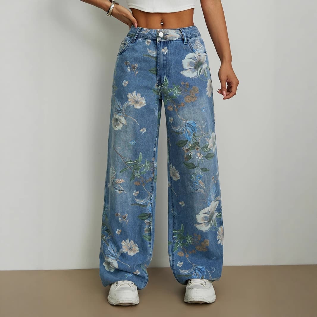European And American Street Fashion Loose Straight Wide Leg Pants Printed Denim Trousers