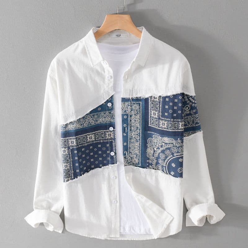 Men's Clothing Spring And Autumn Handsome Casual Splicing Printed Long Sleeve Shirt All Match Fashion Personality Shirt