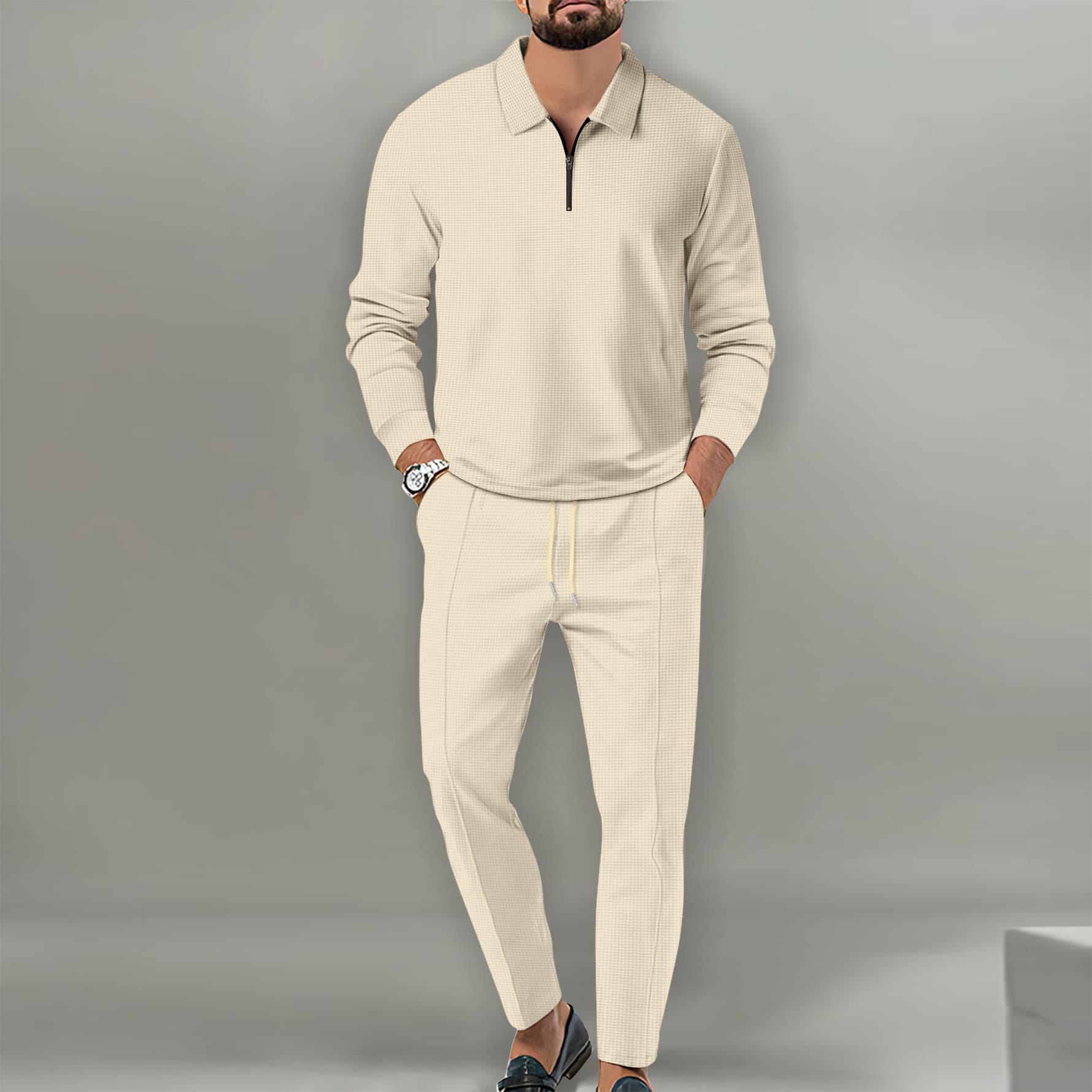 2025 Men's New Waffle Texture Solid Color Zipper Long Sleeve Sports Pants Two-Piece Set