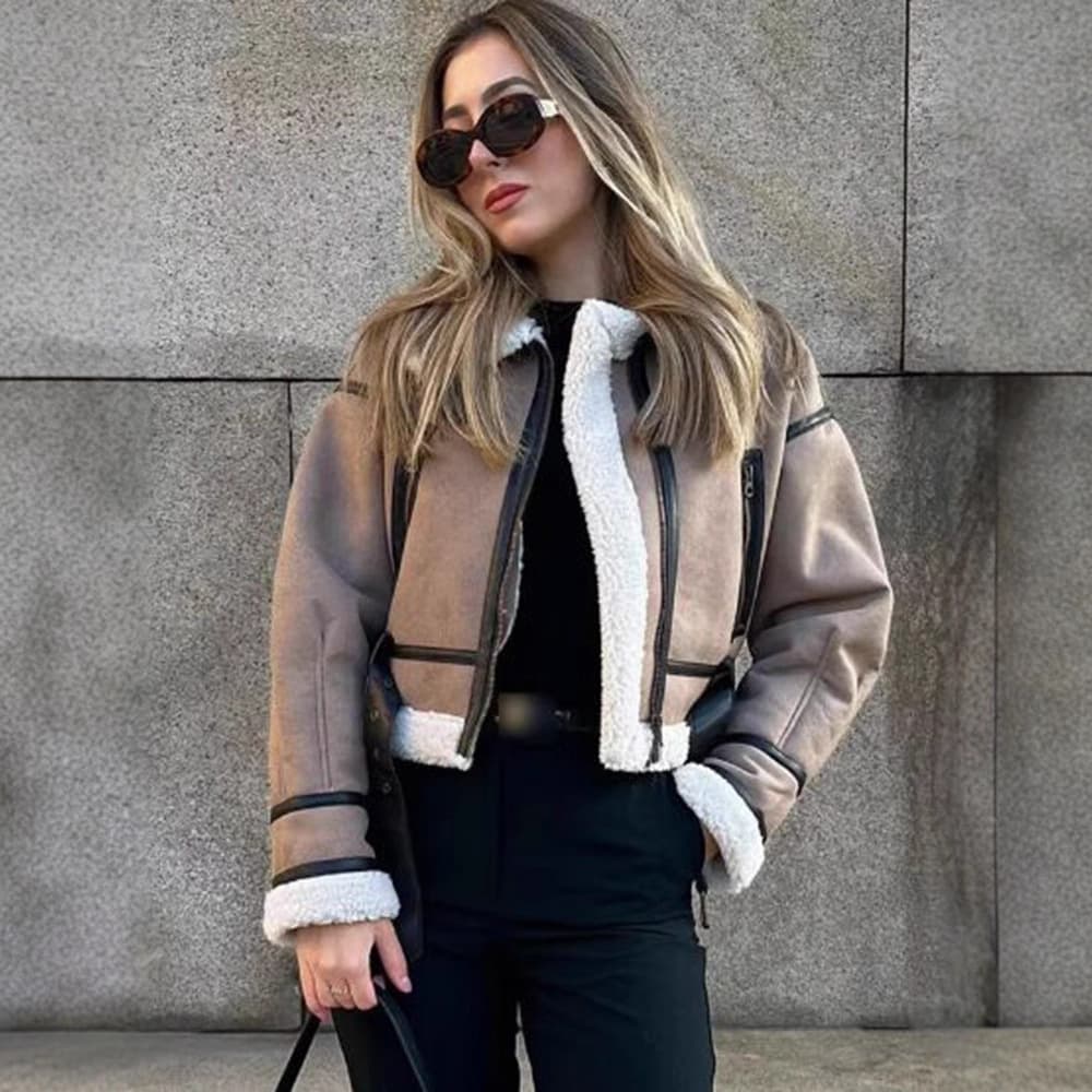 ​​Vintage Biker Jacket Women's Faux Leather & Faux Fur Short Coat – Retro Streetwear Outerwear For Fall Winter (Dark Khaki, Xs/S/M/Xl/L)​​