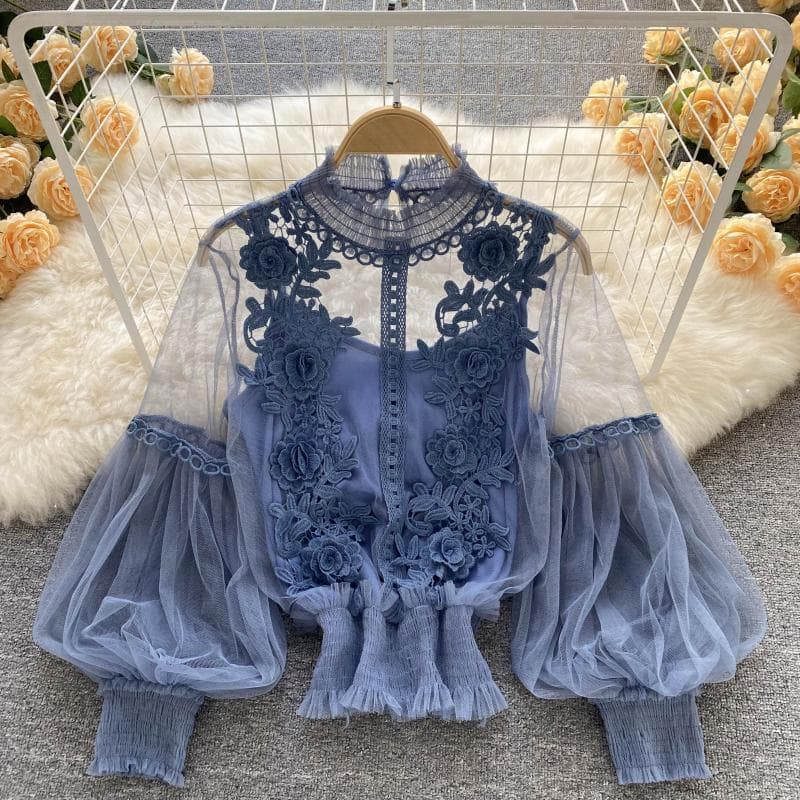 Women's niche three-dimensional flower collage see-through mesh lantern sleeve slim short top women's lace bottoming shirt