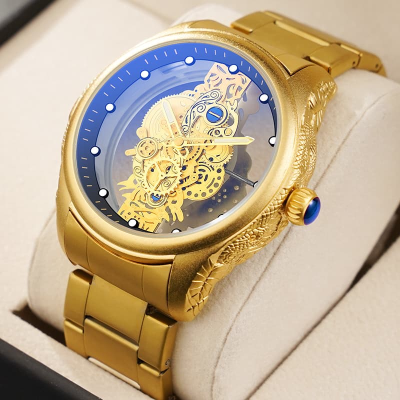 Embossed Gold Watch Quartz Men's Watch Fashion Business Double sided Hollow Men's Watch Glow Waterproof Steel Band 6048