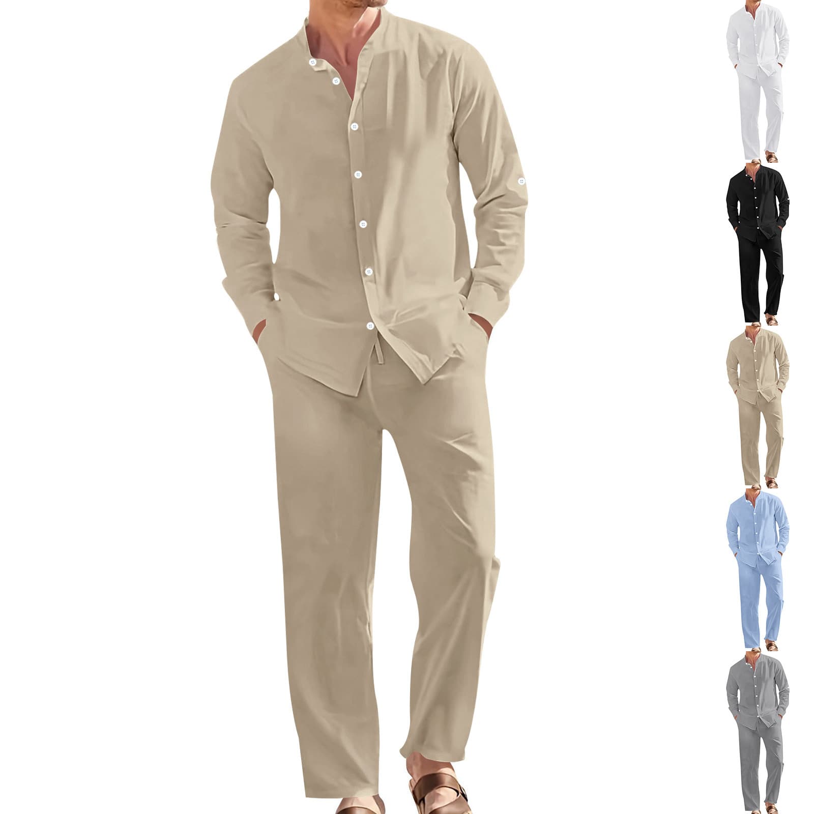 Men's All-Season Linen Casual Two-Piece Set Stand Collar Long Sleeved Shirt Loose Fitting Trousers Comfortable Cotton Polyester Suit