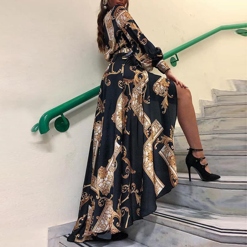 Women's retro palace style printed long-sleeved dress mopping shirt dress