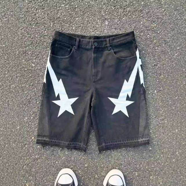 Men's Clothing Retro Printed Denim Shorts Men's High Street Design Straight Pants Loose Versatile Shorts Trend