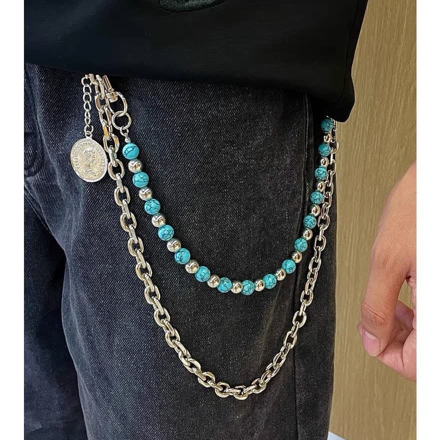 Blue Background Black Pattern Turquoise Handmade Beaded Pants Heavy Craft Street Single Side Detachable Waist Chain