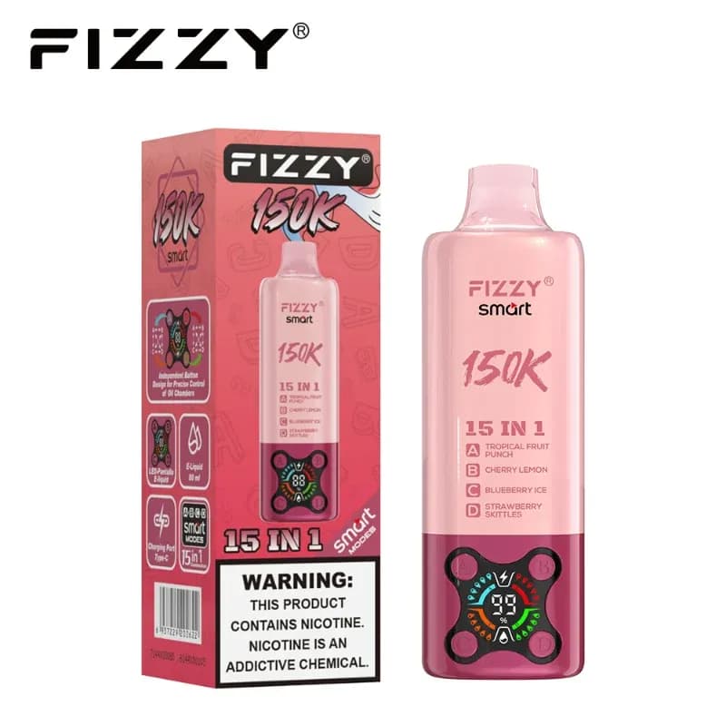 Vape rechargeable 4 en 1 Fizzy Smart 150K, écran numérique, 15 combinaisons de saveurs, 80 ml, 2 % de nicotine