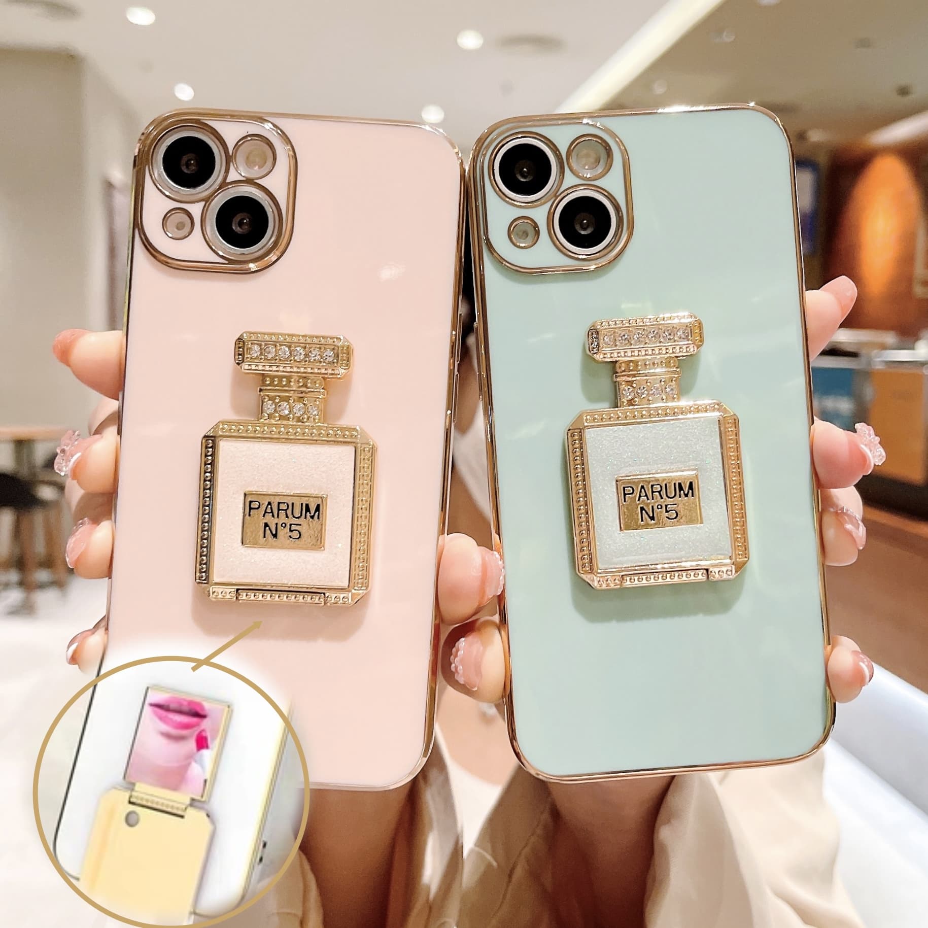 Bling Perfume No. 5 Holder Phone Case For iphone 14 12 Pro Max MiNi 11 13 Pro X XS XR 6 S 7 8 Plus SE Bracket Plating Cover