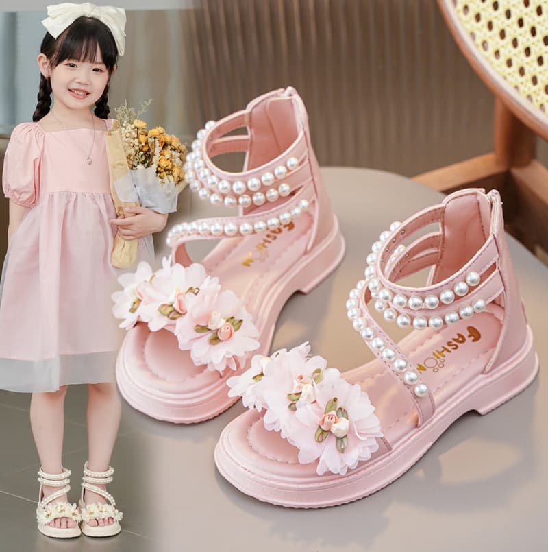 SHLIANG Girls' Sandals Summer New Flower Fairy Style Princess Shoes For Party Wedding Show Fashion Soft Sole Elegant Beach Shoes Y0385