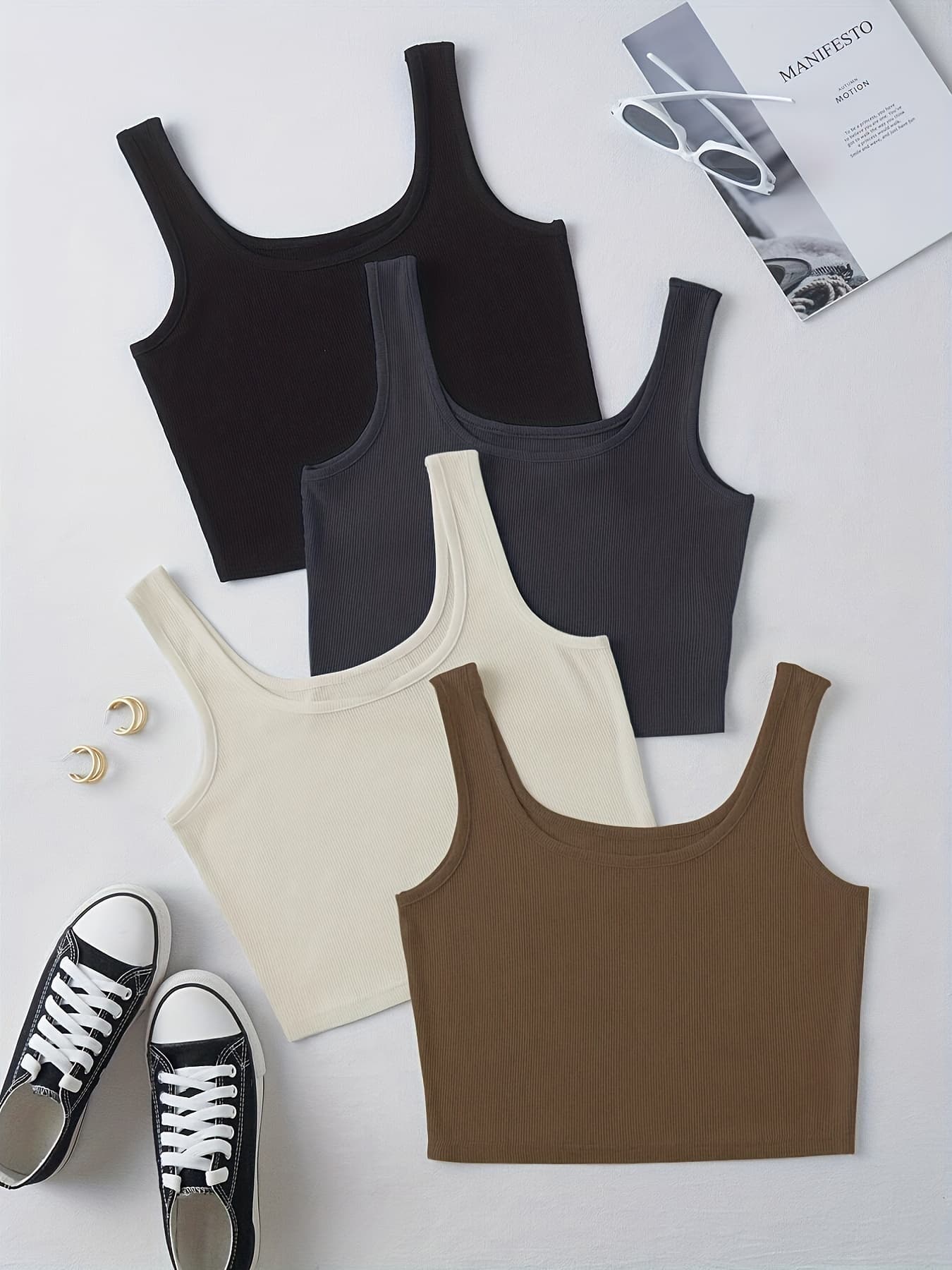 4 Pcs Set Crop Tank Top, Casual Basic High Stretch Summer Workout Yoga Gym Tank Top, Women's Clothing