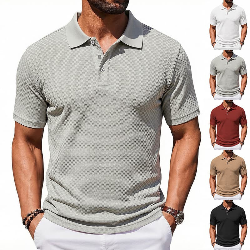 Men's Waffle Polo Shirt Button Down Casual Sports Top For Summer