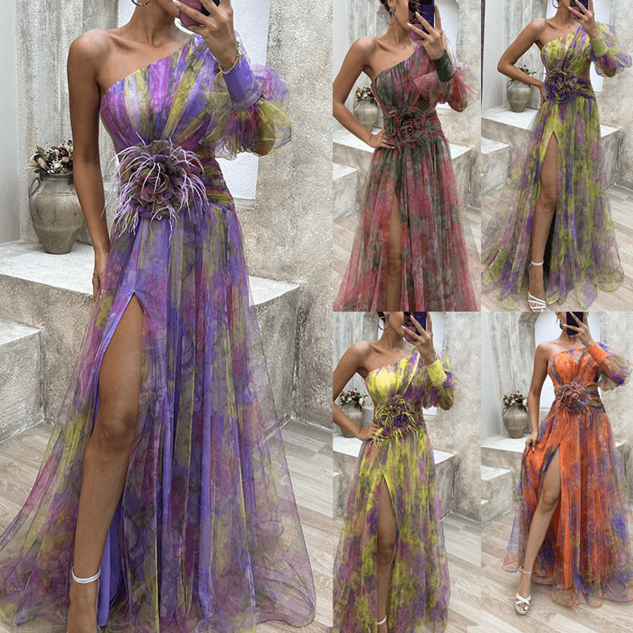 Women's New Party Mesh Oblique Shoulder Dress INS Casual Fashion Dress For Women(Flowers Are Movable)