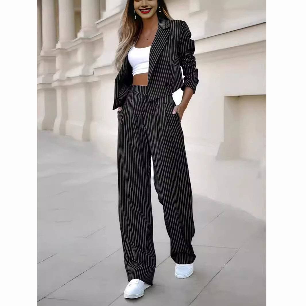 Women's Clothing Temperament Casual Striped Short Lapel Suit Straight Pants Suit