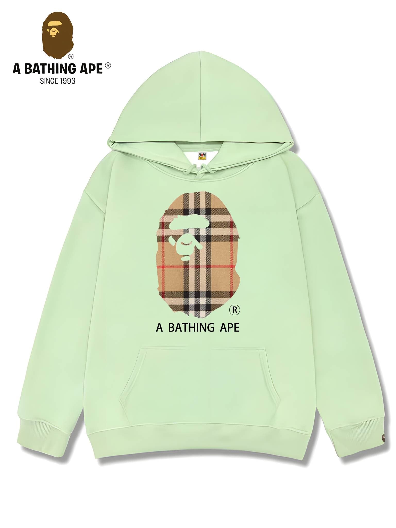 Sweat à capuche unisexe imprimé tête de singe à rayures et logo imprimé, collaboration BAPE-BAPE&BURBERRY