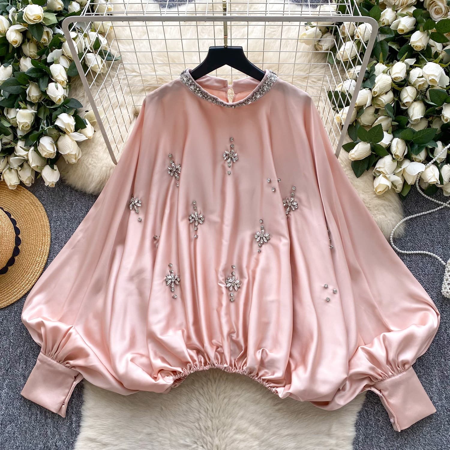 Luxury Embellished Round-Neck Blouse – Oversized Lantern Sleeves & Satin Waist-Defining Top For Fall (One Size Fits US 6-14, Stretch Fabric)​