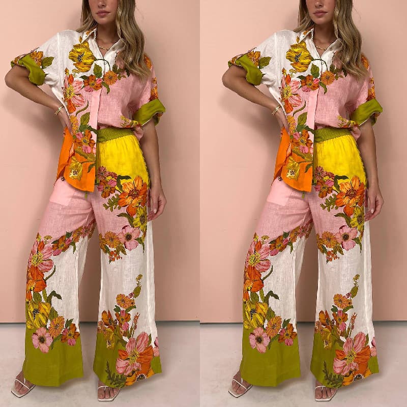 Cross-border independent station 2023 new European and American printed cotton and linen two-piece set suit top + wide leg pants