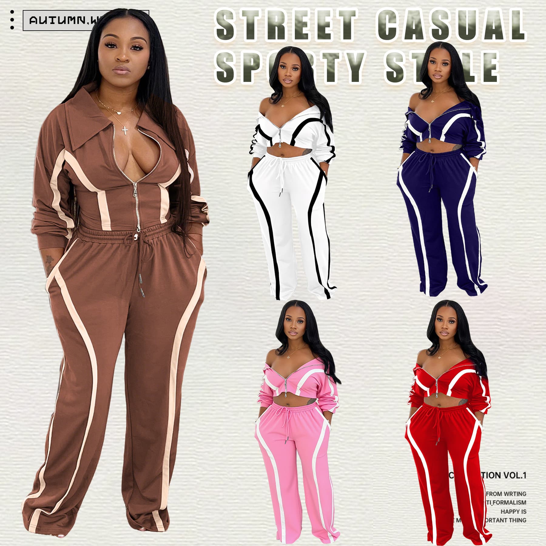 Women's Clothing Autumn Winter Color Block Long Sleeve Hoodie & Jogger Pants Set, Casual Sporty Outfit, Streetwear Fashion (Blue, Brown, S-XXL)​​