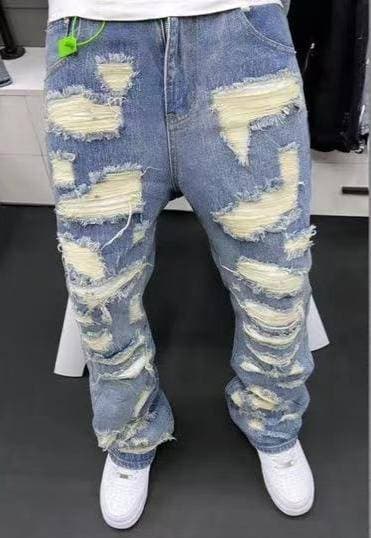 Men's Clothing Retro Heavy Industry Damage Erosion Patch Design Jeans High Street Hole Cleanfit Pants
