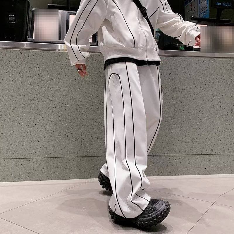 Men's Stylish Streetwear Tracksuit Set - Loose Fit Hooded Jacket & Wide-Leg Pants With Urban Edge (Black/White, M-XXXL)