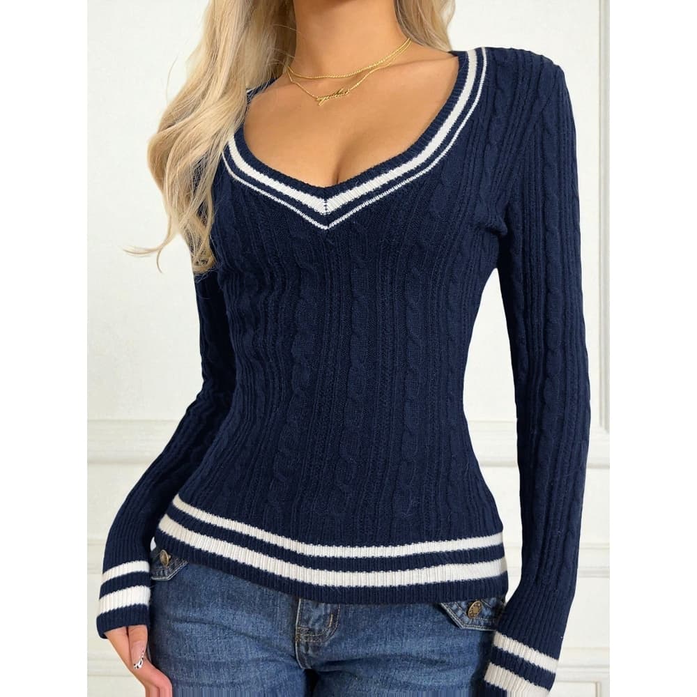 Women's Clothing Sweater Effortless Chic V-Neck Knit Sweater For Women - Soft & Stylish Pullover Top For Autumn & Winter (Beige, Blue, Black, White)​