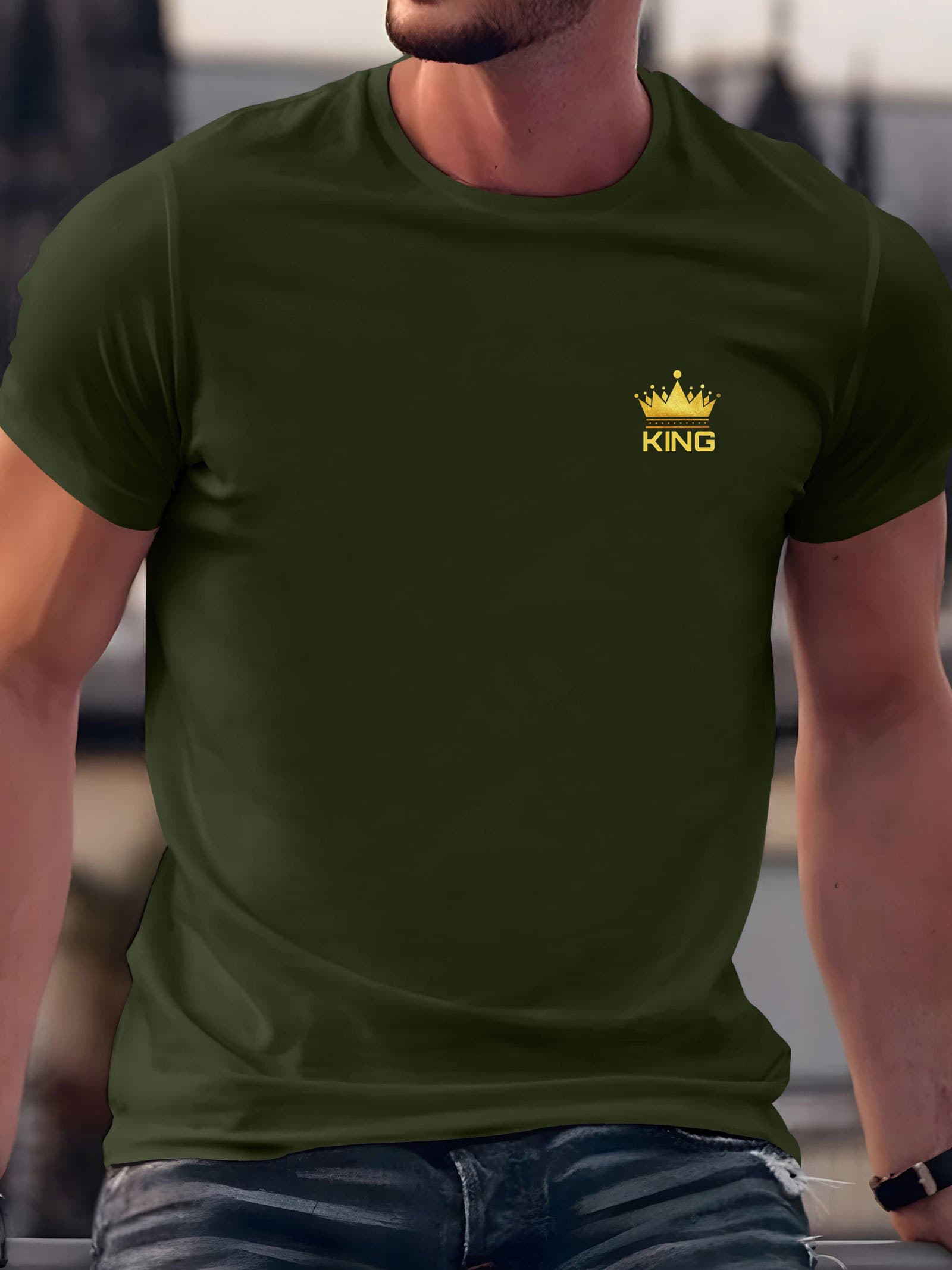 Men's Spring And Autumn Fashion Short Sleeved T-shirt 100% Cotton KING Crown Pattern Print Casual Slim Fit Versatile Top