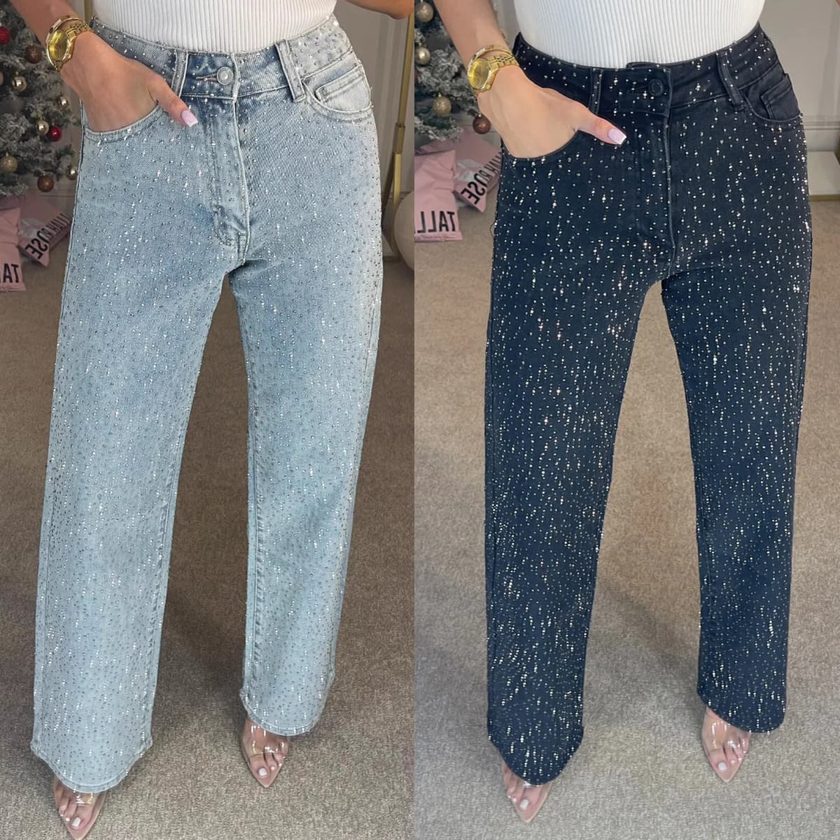 Women's Hot Selling INS Influencer Diamond Star High-Waisted Washed Jeans - Versatile Straight Leg Pants