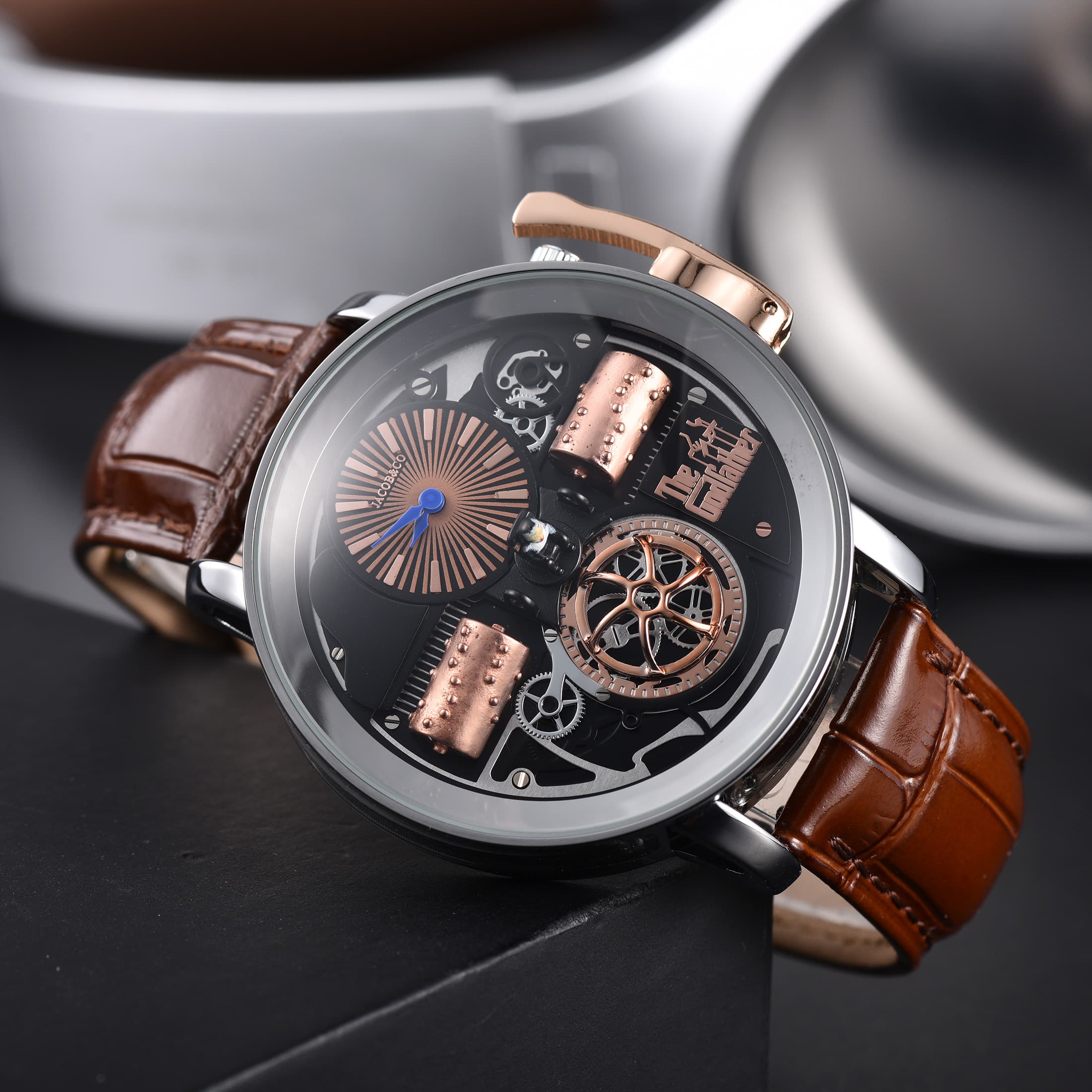 Montre homme Le Parrain de l'Opéra, édition limitée, cadran squelette, quartz, boîtier en or rose et acier, bracelet crocodile, pièce de collect