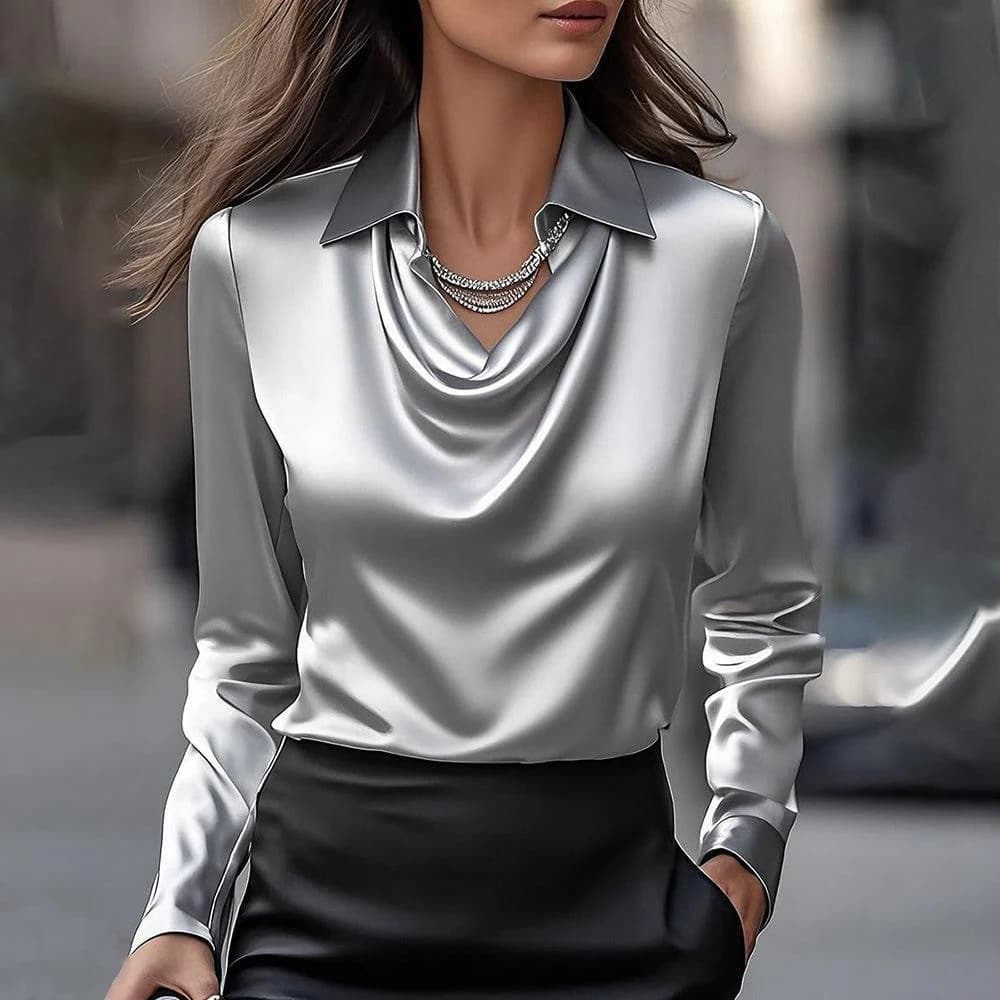 Women's Clothing Temperament Solid Color Shiny Simple Swing Collar Shirt Collar Women's Tops