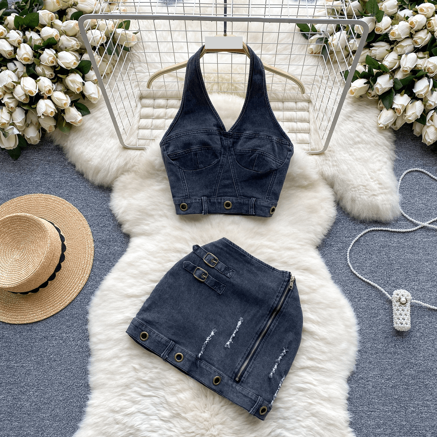 Women's Clothing Dopamine Cool Style Denim Suit For Women In Summer Retro Design Halter Neck Camisole + High Waist Hip Skirt