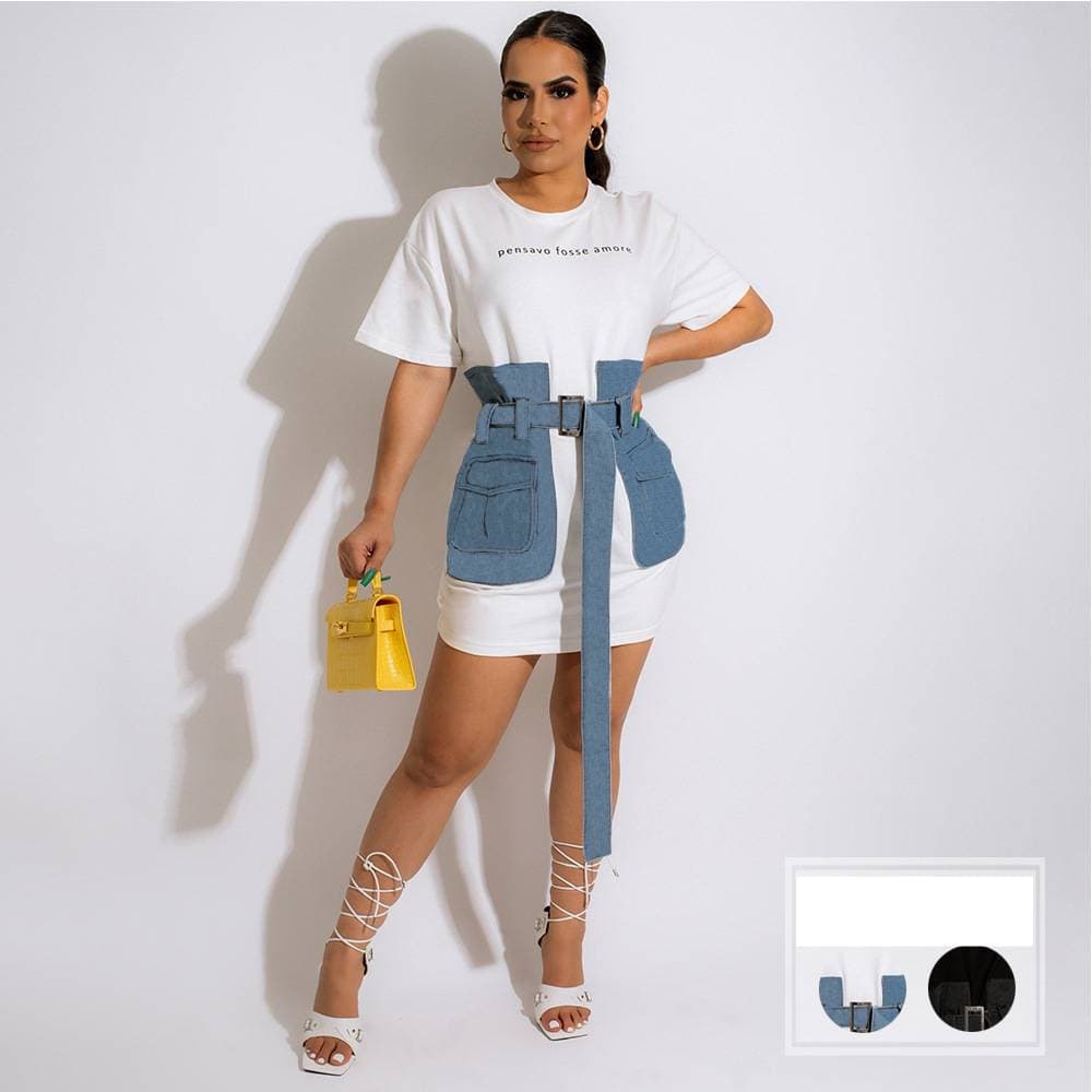Women's Fitted Waist Round Neck Color-blocked Denim T-shirt, Fashionable And Casual Mid-length Dress
