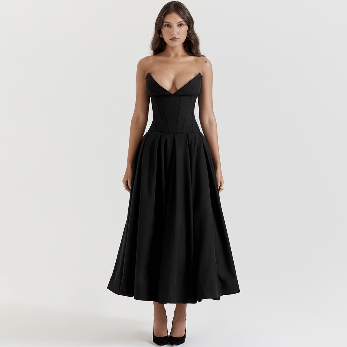 Women's Clothing New Sexy Tube Top Fashion Sharp Angle Fishbone Waist A Line Dress
