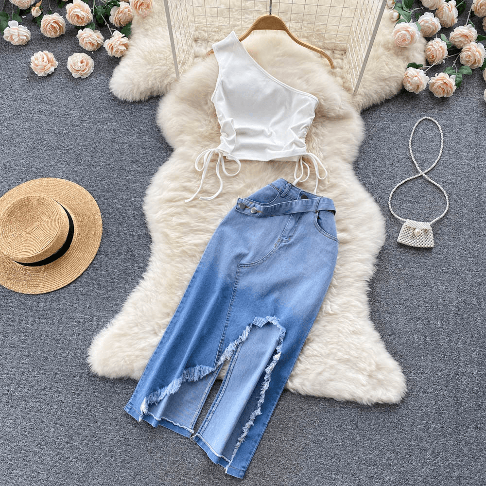 Women's Drawstring Lace-up Slouchy Vest Irregular Raw Edge Split Denim Half-body Skirt Two Piece Set