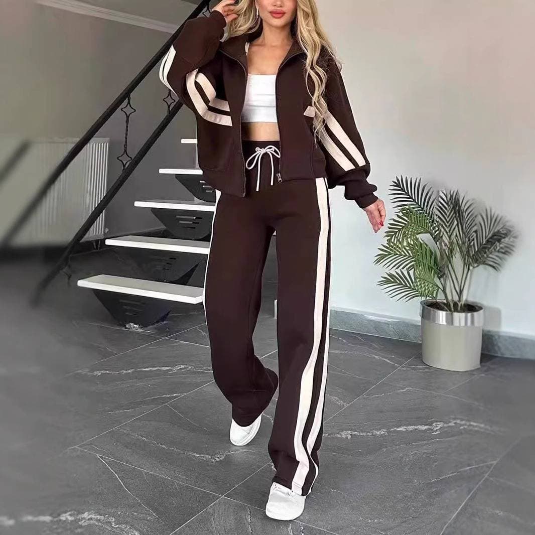 Women's Clothing Autumn Striped Zipper Top Jacket Casual Sports Suit