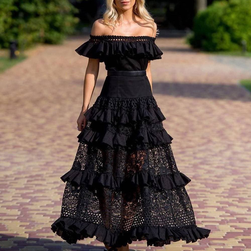 Women'sone-shoulder ruffled hollow large swing lace dress long skirt